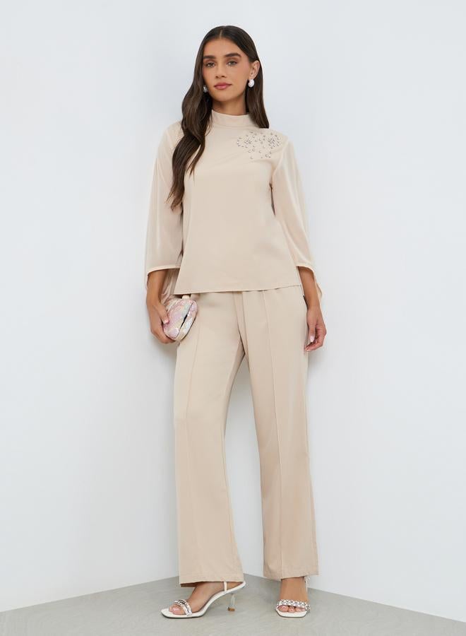 Styli Women Beige Rhinestone-Embellished Top and Pants Co-Ords - Image 5